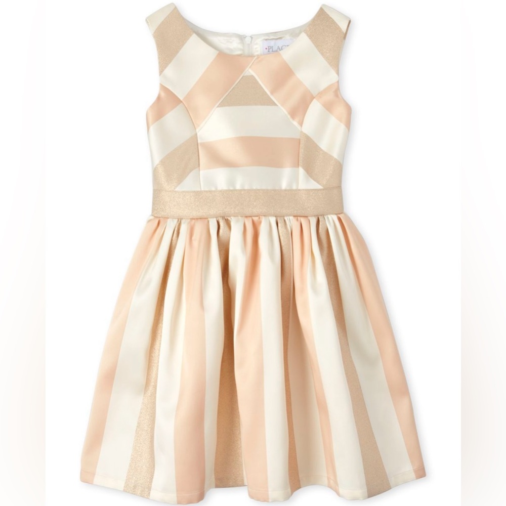 NWT Children’s Place Jacquard Fit and Flare Gold /Beige Striped Dress Size 16